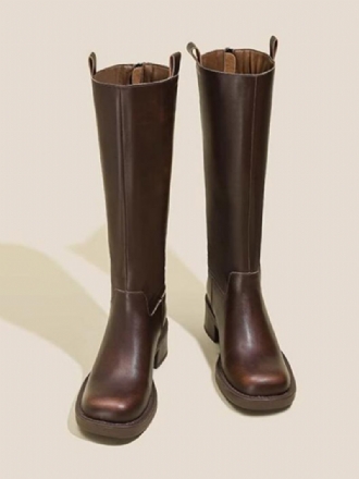 Botas Femininas Marrons Com Bico Quadrado E Cano Alto Equitação