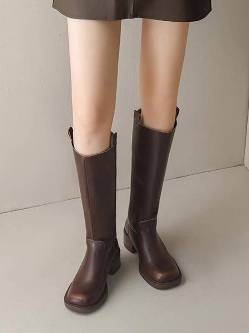 Botas Femininas Marrons Com Bico Quadrado E Cano Alto Equitação - Café Marrom