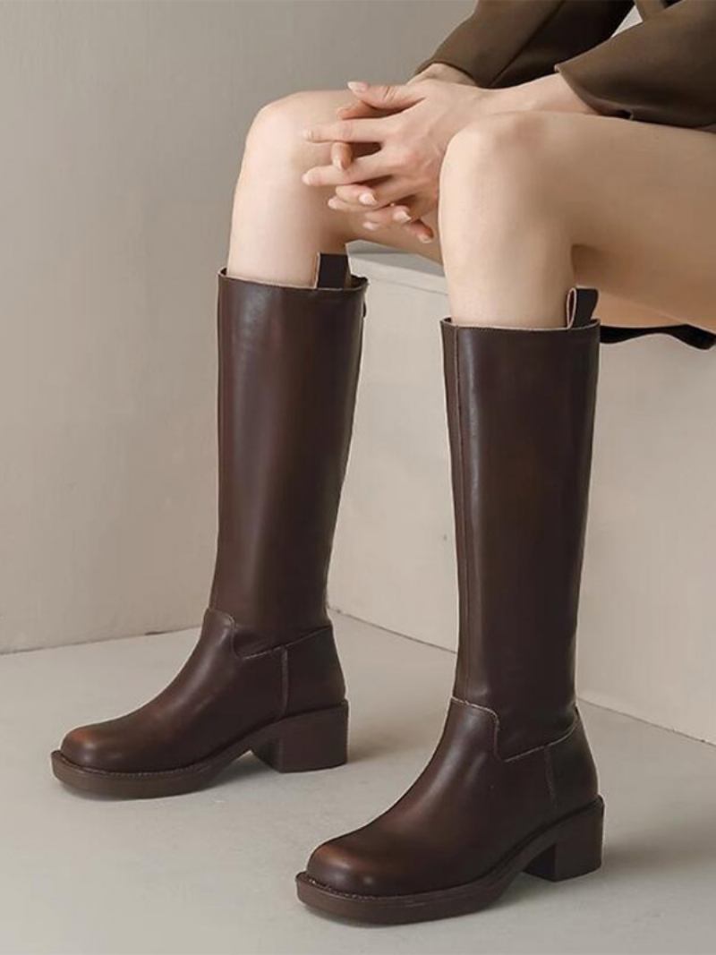 Botas Femininas Marrons Com Bico Quadrado E Cano Alto Equitação - Café Marrom