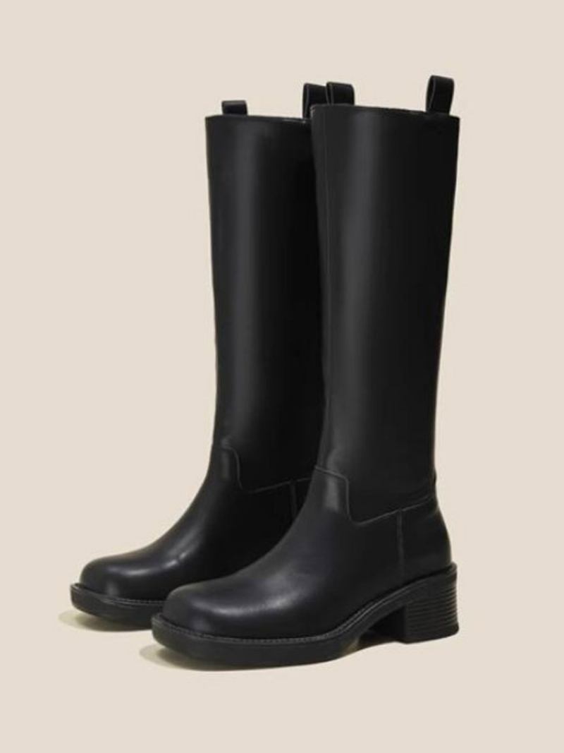 Botas Femininas Marrons Com Bico Quadrado E Cano Alto Equitação - Preto