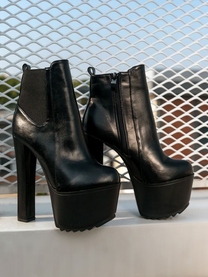 Botas Femininas Martin Toe Amêndoa Salto Grosso Plataforma Pretas - Preto