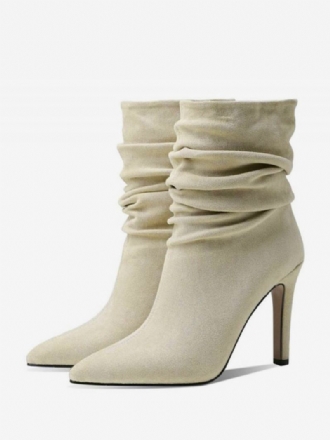 Botas Femininas Meia Panturrilha Ecru Branco Micro Camurça Bico Ponteagudo Salto Agulha