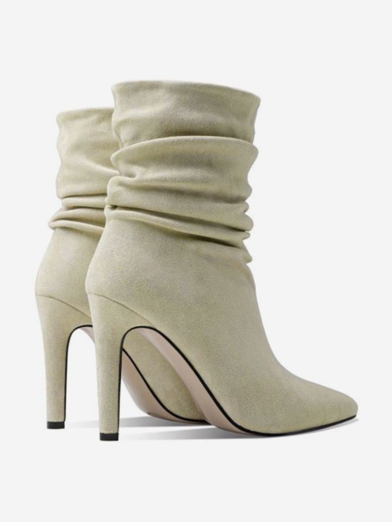 Botas Femininas Meia Panturrilha Ecru Branco Micro Camurça Bico Ponteagudo Salto Agulha - Bege