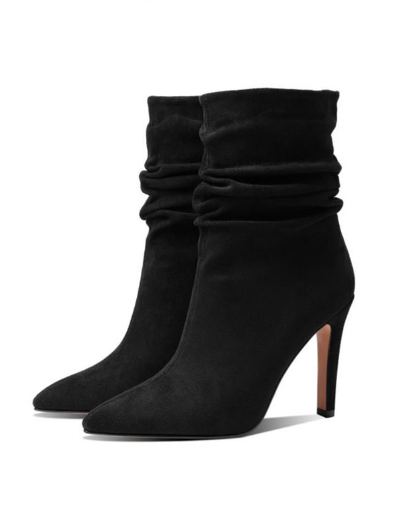 Botas Femininas Meia Panturrilha Ecru Branco Micro Camurça Bico Ponteagudo Salto Agulha - Preto