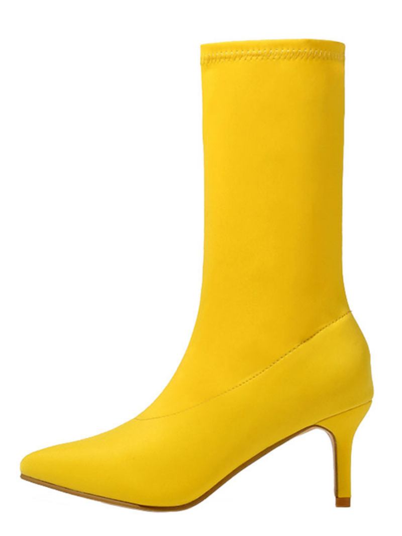 Botas Femininas Meia Panturrilha Elásticas Cano Médio Bico Fino Salto Gatinho 2.4 Polegadas - Amarelo