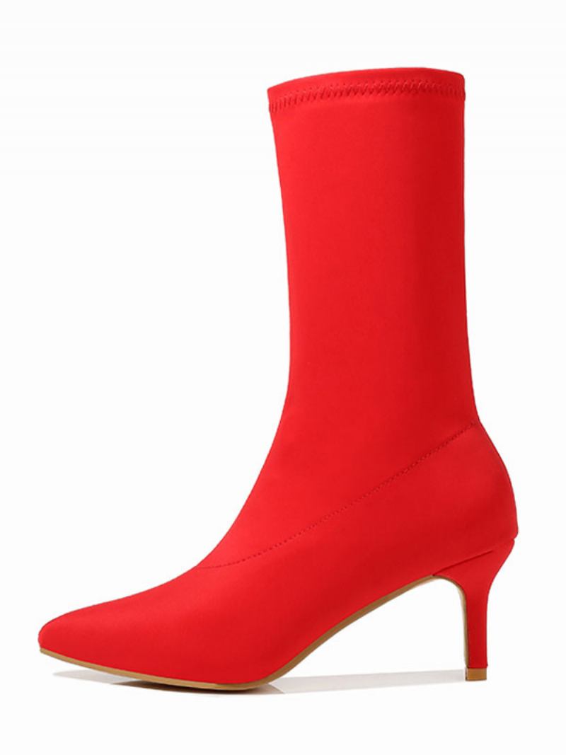 Botas Femininas Meia Panturrilha Elásticas Cano Médio Bico Fino Salto Gatinho 2.4 Polegadas - Vermelho