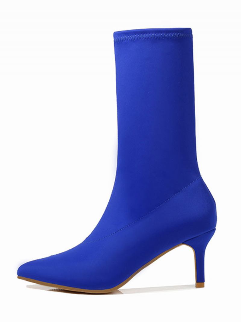 Botas Femininas Meia Panturrilha Elásticas Cano Médio Bico Fino Salto Gatinho 2.4 Polegadas - Azul