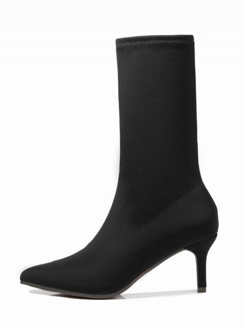 Botas Femininas Meia Panturrilha Elásticas Cano Médio Bico Fino Salto Gatinho 2.4 Polegadas - Preto