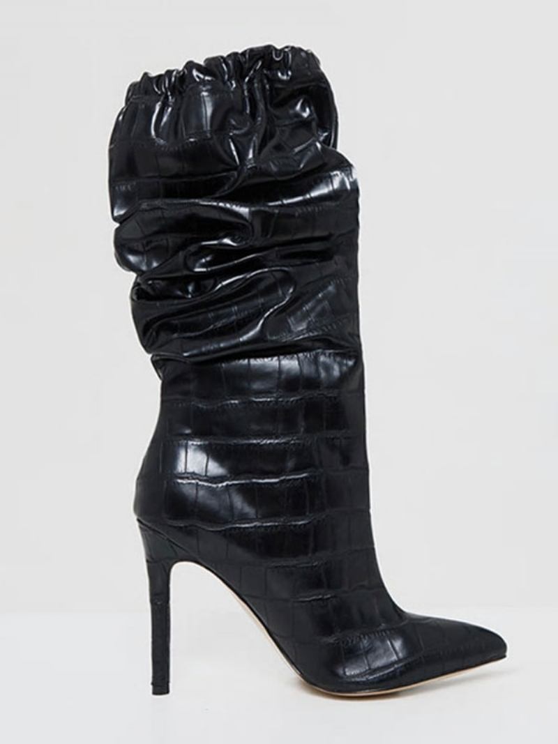 Botas Femininas Meia Panturrilha Preta Couro Pu Bico Fino Salto Agulha - Preto