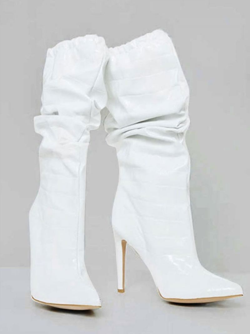 Botas Femininas Meia Panturrilha Preta Couro Pu Bico Fino Salto Agulha - Branco