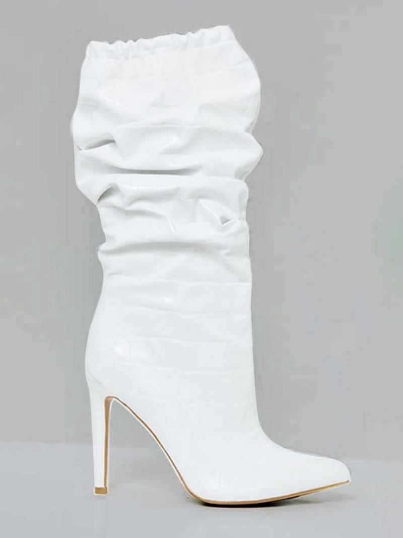 Botas Femininas Meia Panturrilha Preta Couro Pu Bico Fino Salto Agulha - Branco