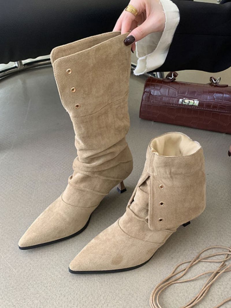 Botas Femininas Micro Camurça Com Bico Fino E Salto Agulha - Cáqui