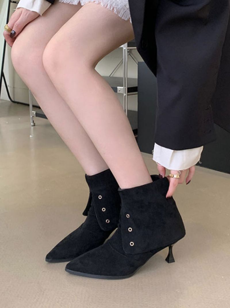 Botas Femininas Micro Camurça Com Bico Fino E Salto Agulha - Preto