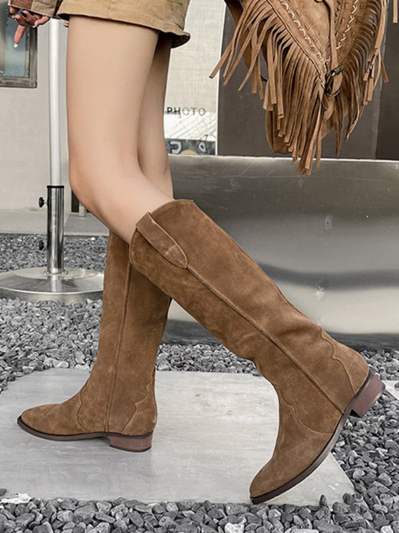 Botas Femininas Micro Camurça Com Bico Fino E Salto Médio Na Panturrilha - Caqui