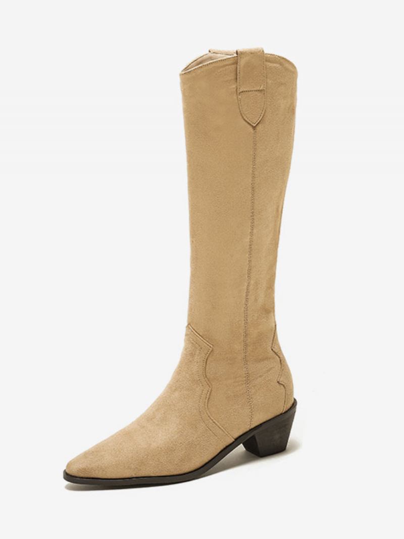 Botas Femininas Micro Camurça Com Bico Fino E Salto Médio Na Panturrilha