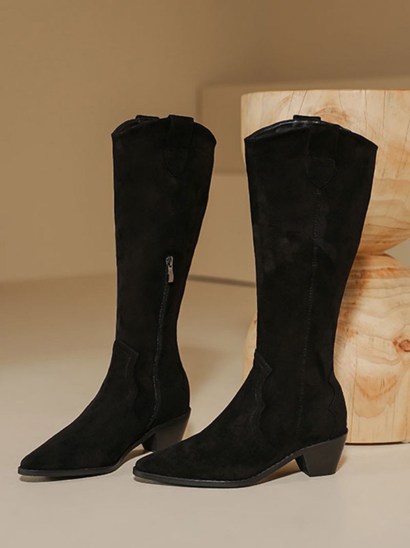 Botas Femininas Micro Camurça Com Bico Fino E Salto Médio Na Panturrilha - Preto