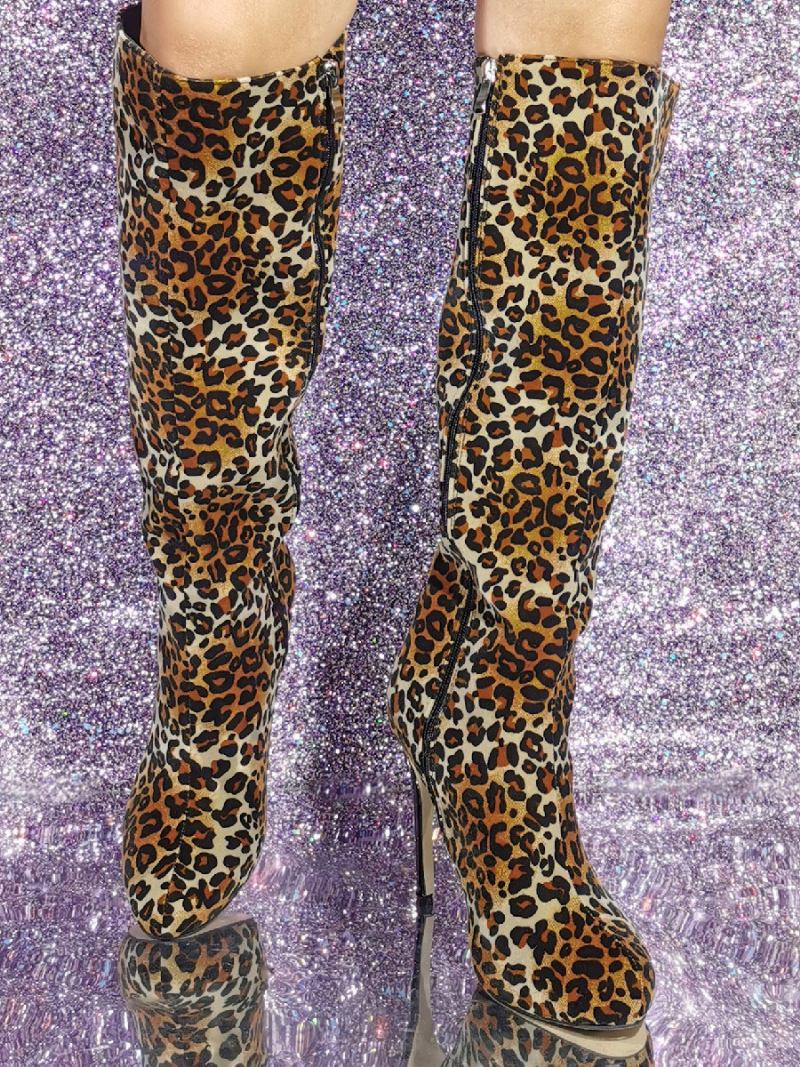 Botas Femininas Micro Camurça Com Salto Agulha Até O Joelho - Leopardo