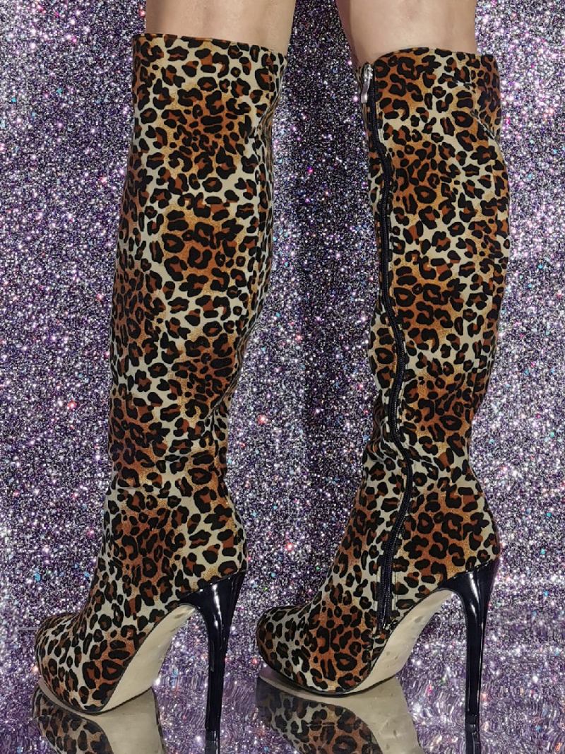 Botas Femininas Micro Camurça Com Salto Agulha Até O Joelho - Leopardo