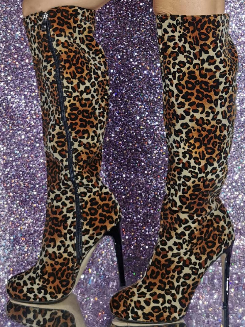 Botas Femininas Micro Camurça Com Salto Agulha Até O Joelho - Leopardo