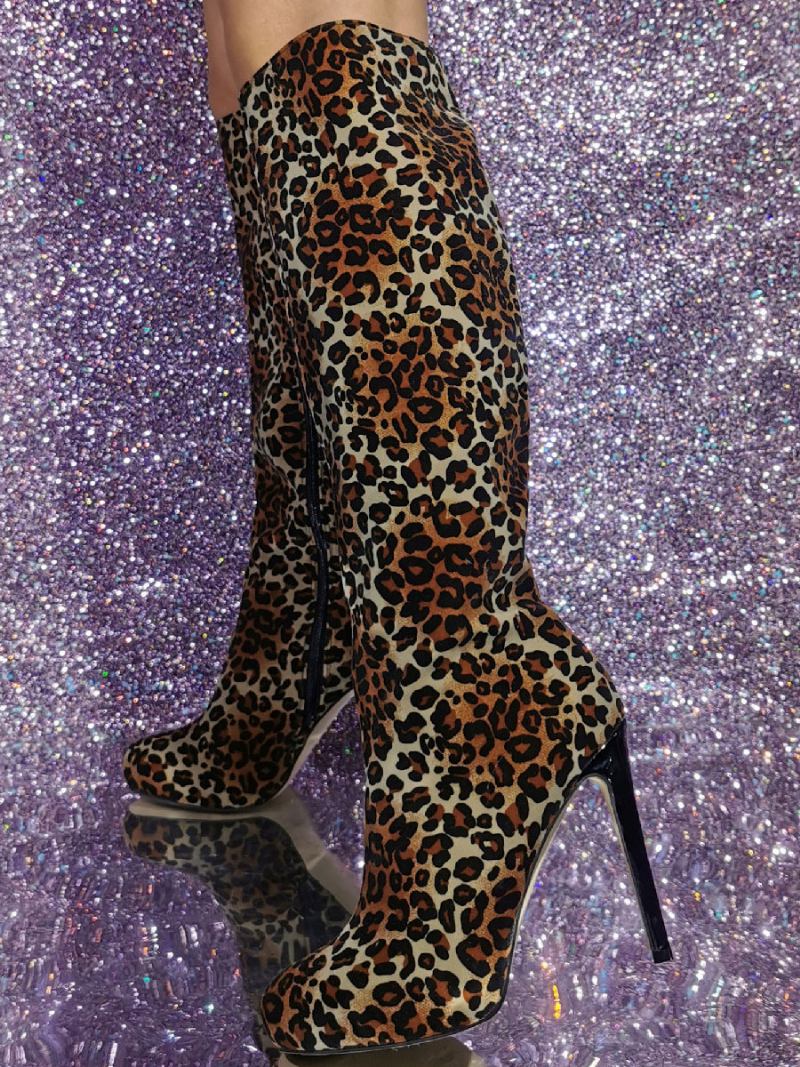 Botas Femininas Micro Camurça Com Salto Agulha Até O Joelho - Leopardo