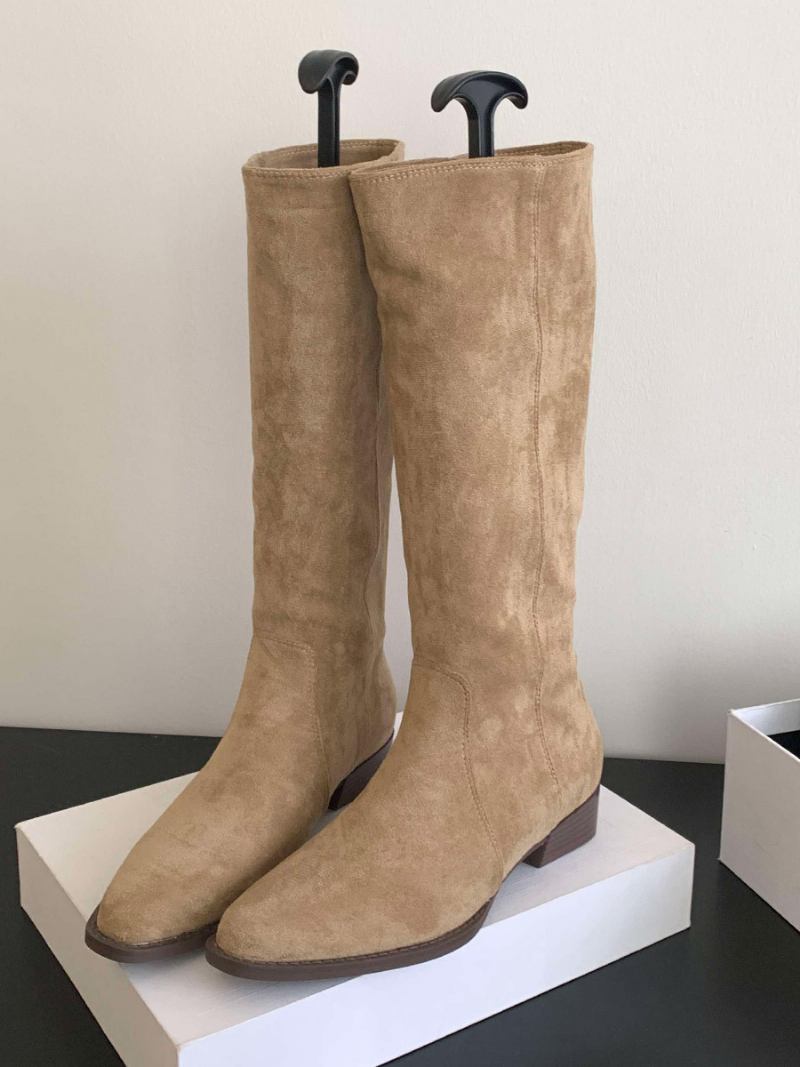 Botas Femininas Micro Camurça Com Salto Grosso E Cano Alto