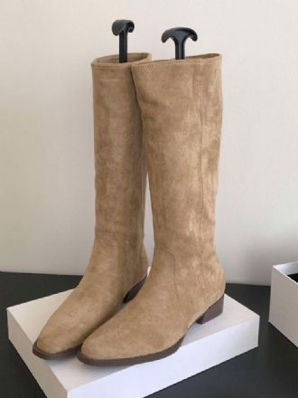 Botas Femininas Micro Camurça Com Salto Grosso E Cano Alto