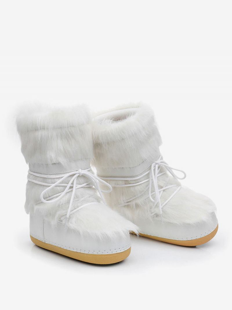 Botas Femininas Neve Com Bico Redondo E Detalhes Pele Sintética Cadarço - Branco Quente