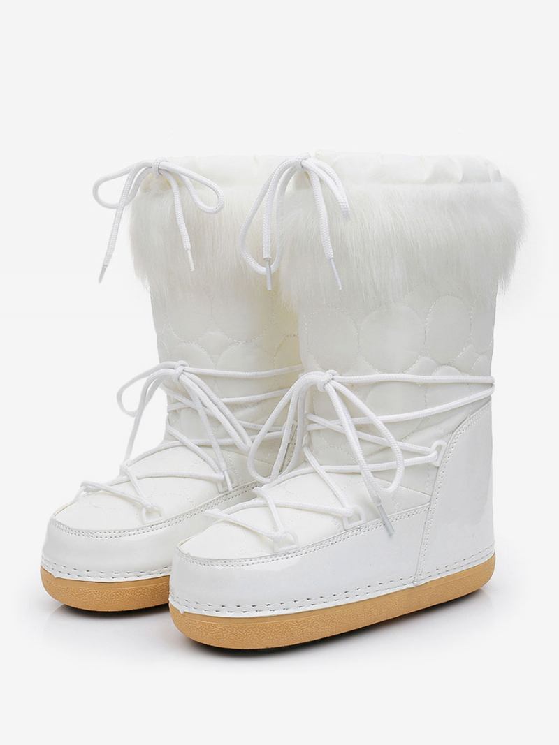 Botas Femininas Neve Com Bico Redondo E Detalhes Pele Sintética Cadarço - Branco