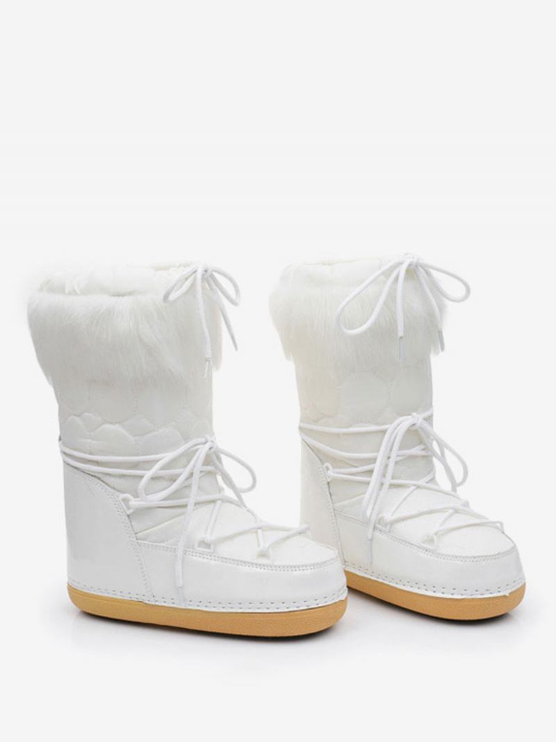 Botas Femininas Neve Com Bico Redondo E Detalhes Pele Sintética Cadarço - Branco