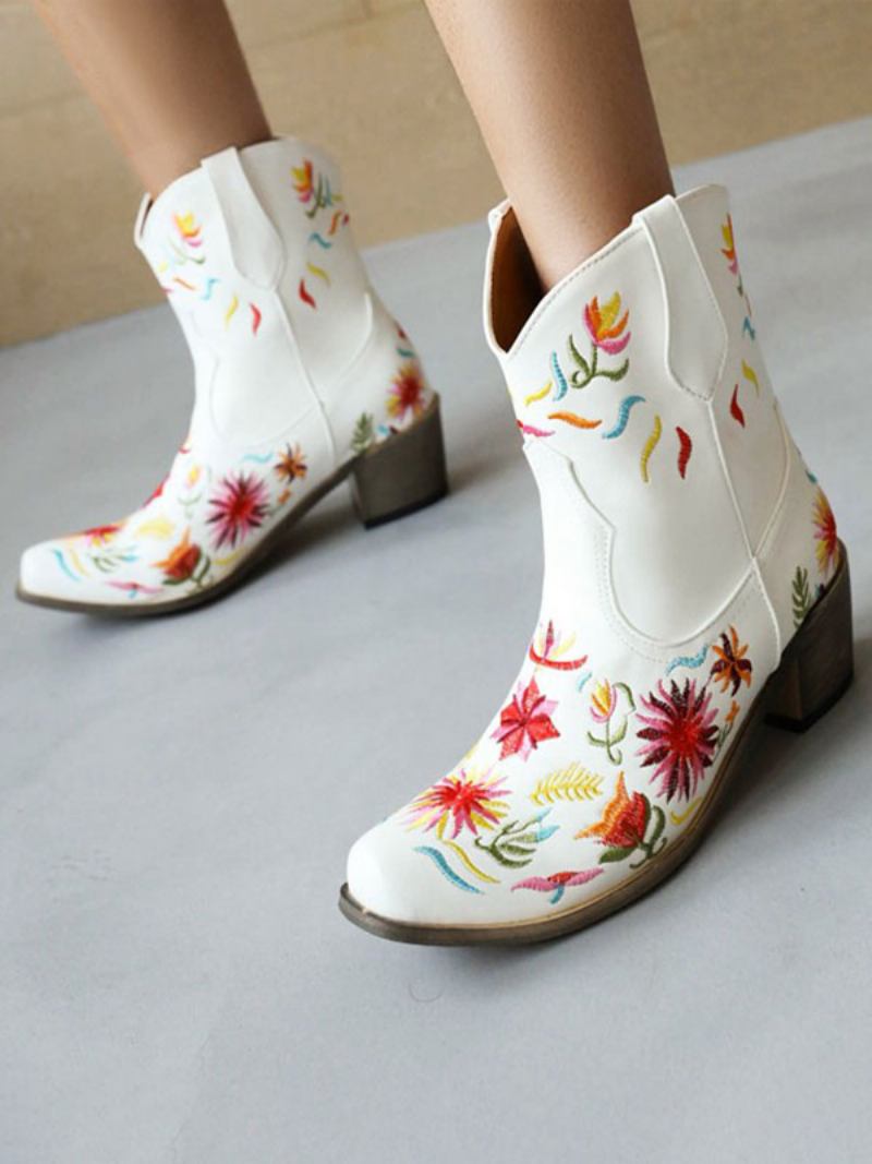 Botas Femininas Ocidentais Com Bico Fino Branco E Cowboy