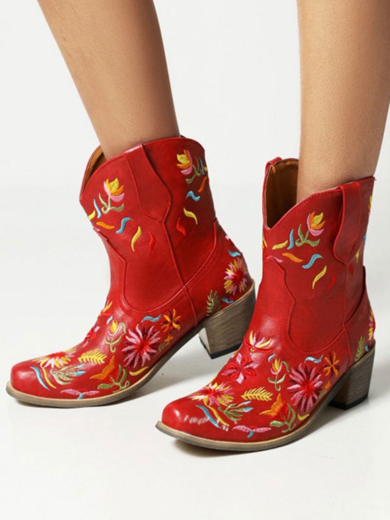 Botas Femininas Ocidentais Com Bico Fino Branco E Cowboy - Borgonha