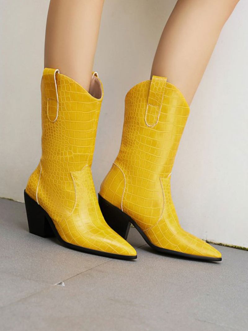 Botas Femininas Ocidentais Com Bico Fino Branco E Salto Grosso - Amarelo