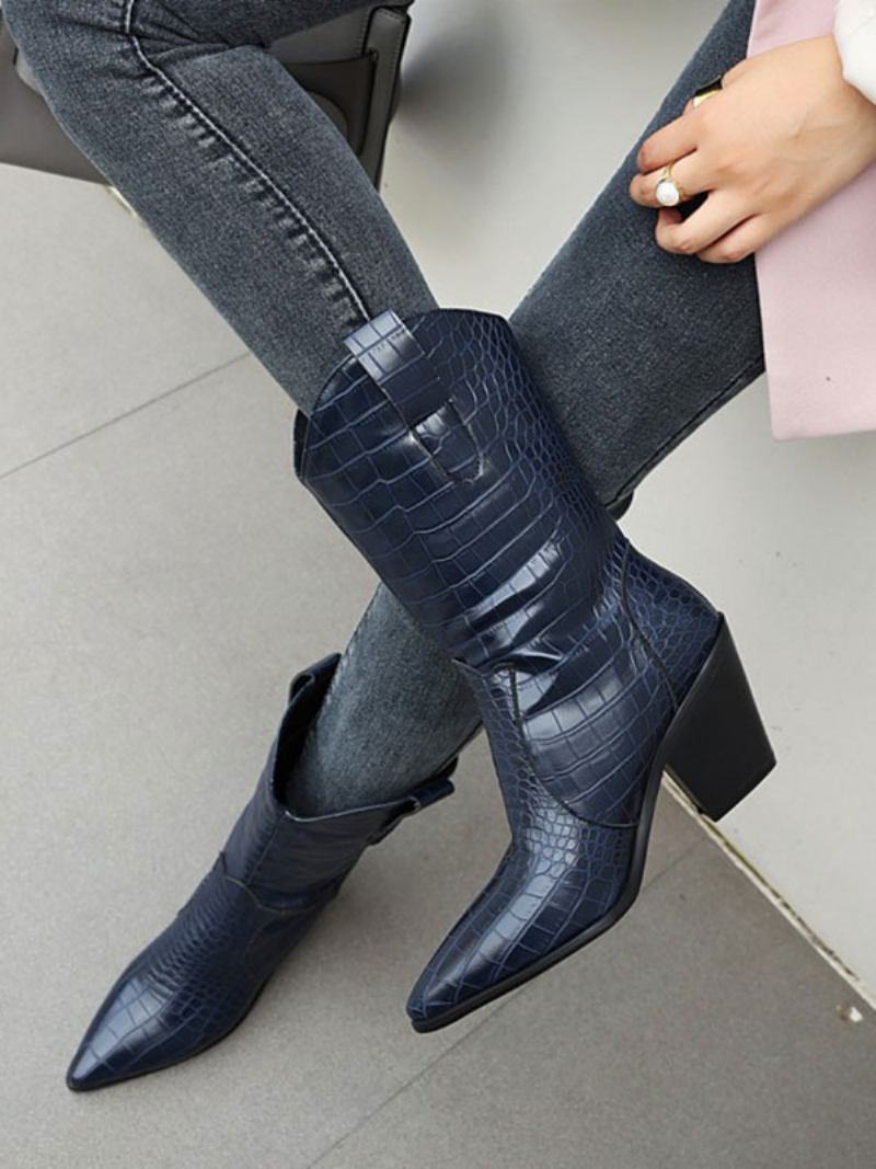 Botas Femininas Ocidentais Com Bico Fino Branco E Salto Grosso - Azul Profundo