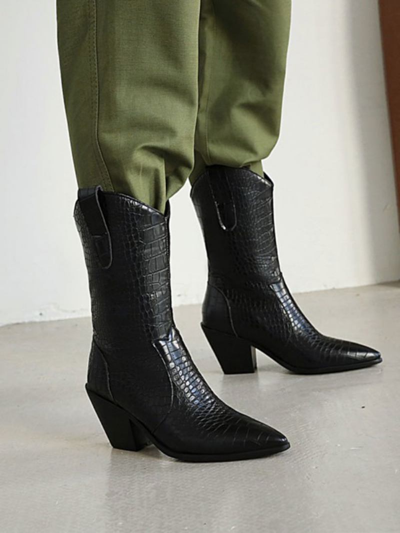 Botas Femininas Ocidentais Com Bico Fino Branco E Salto Grosso - Preto