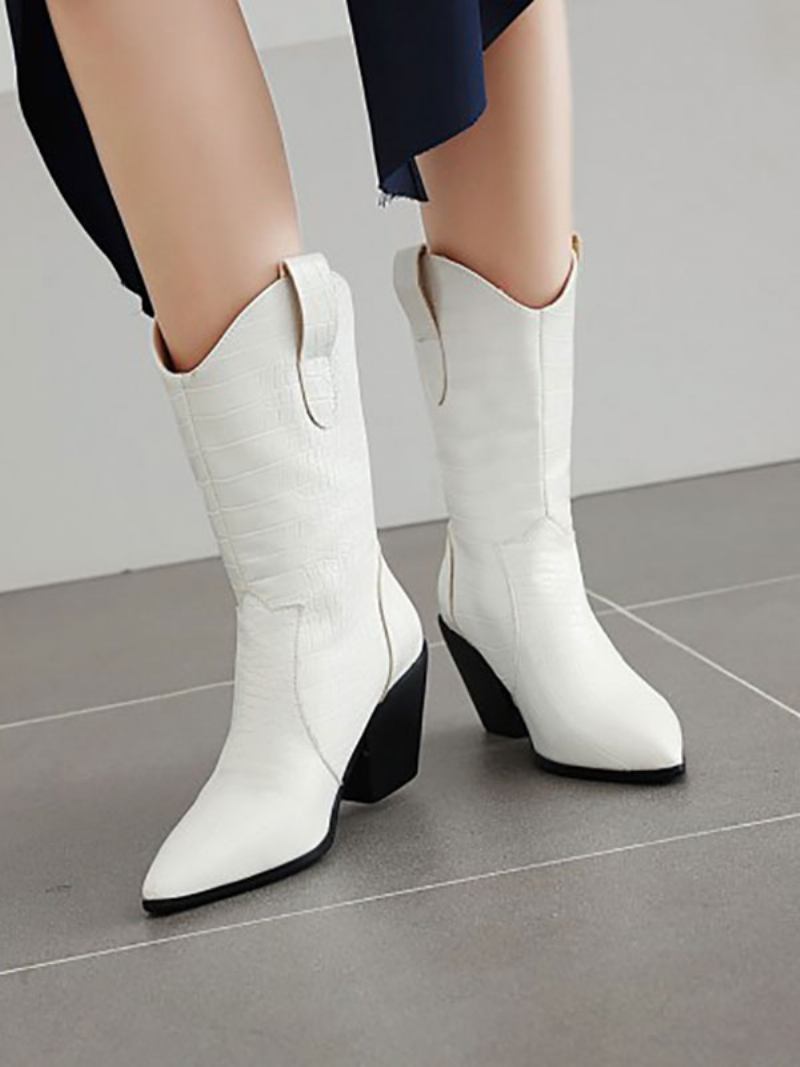 Botas Femininas Ocidentais Com Bico Fino Branco E Salto Grosso - Branco