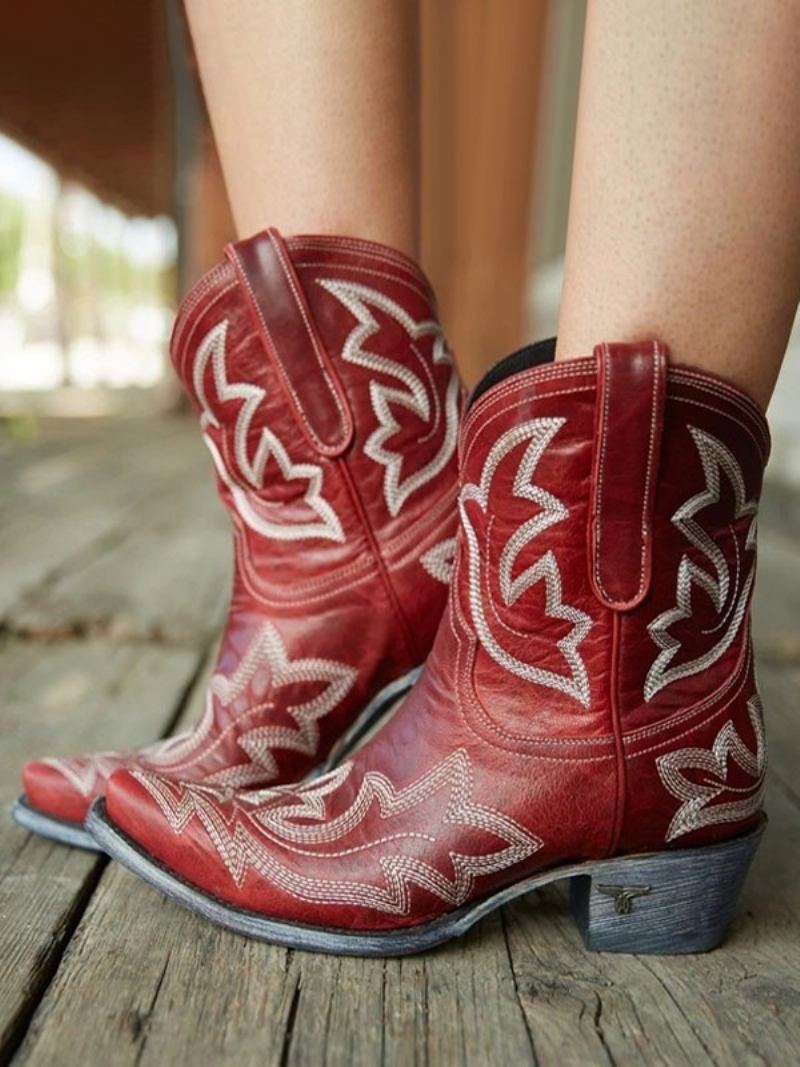 Botas Femininas Ocidentais Cowboy Bordadas - Borgonha