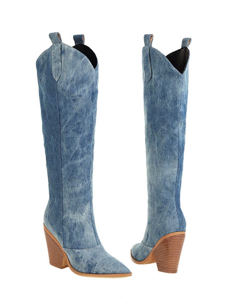 Botas Femininas Ocidentais Lona Com Salto Grosso E Cano Alto - Azul