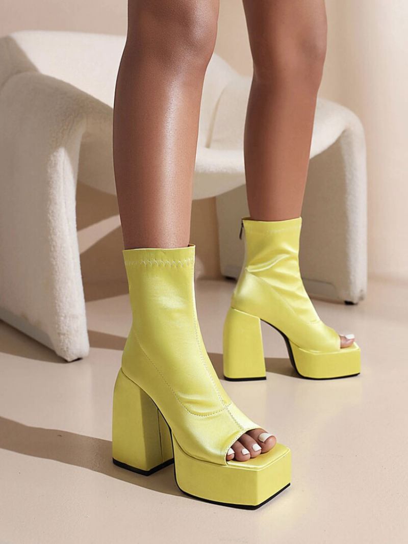 Botas Femininas Peep Toe Verão Com Salto Grosso E Plataforma Em Cetim - Amarelo