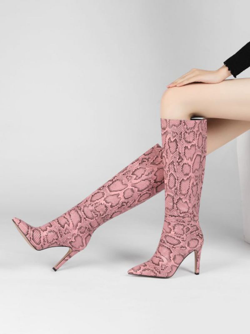 Botas Femininas Pêssego Rosa Bico Fino Salto Agulha Altas Até O Joelho