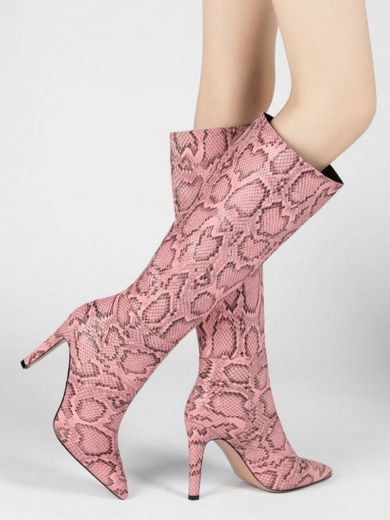 Botas Femininas Pêssego Rosa Bico Fino Salto Agulha Altas Até O Joelho - Magenta