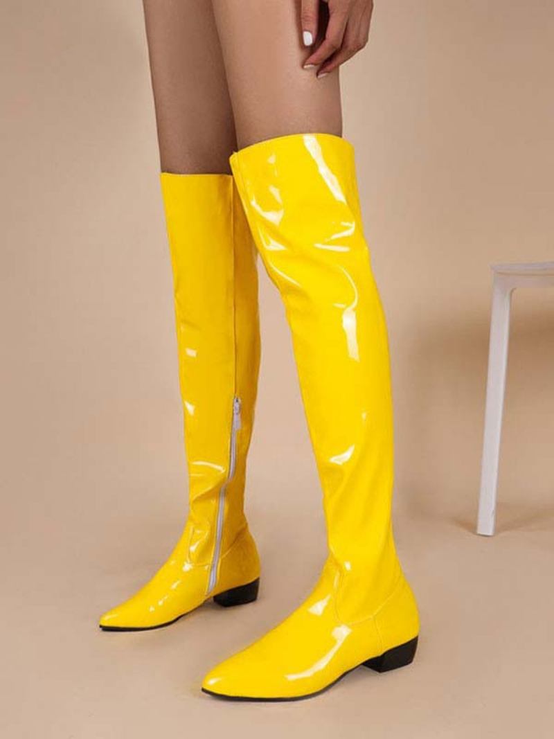 Botas Femininas Planas Com Salto Agulha Em Couro Pu E Coxa Alta - Amarelo