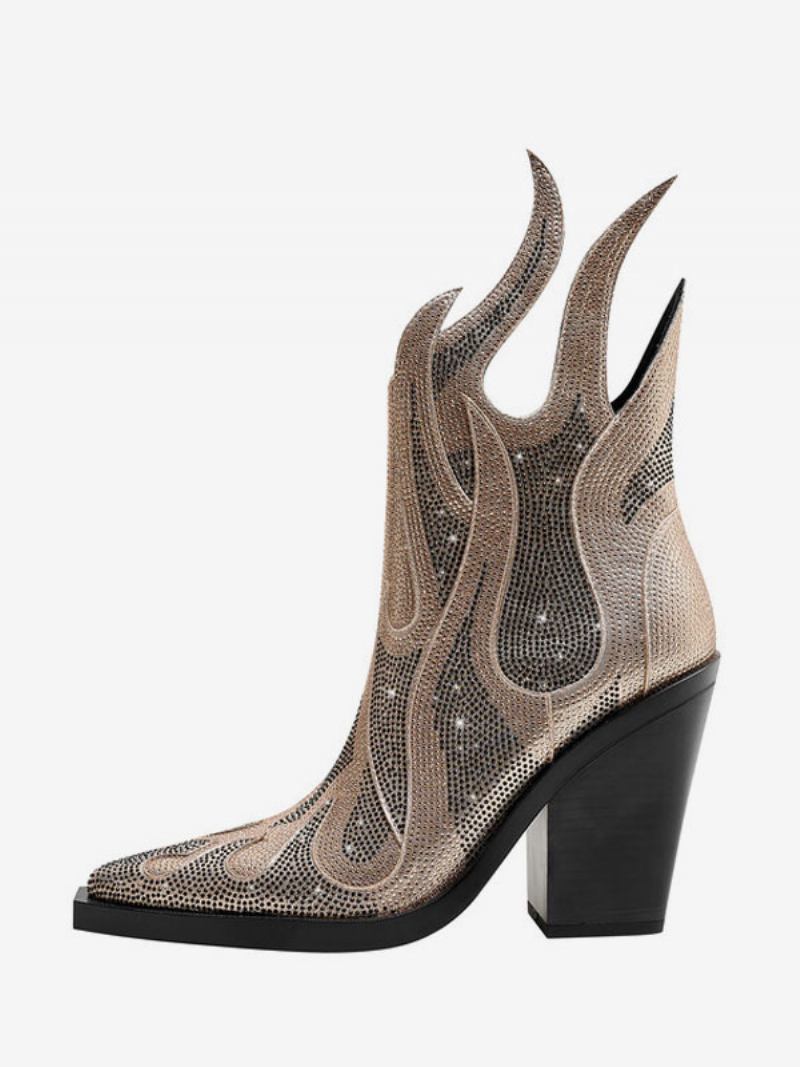 Botas Femininas Prateadas Ocidentais Com Bico Fino E Salto Bloco Brilhante Cowboy - Ouro