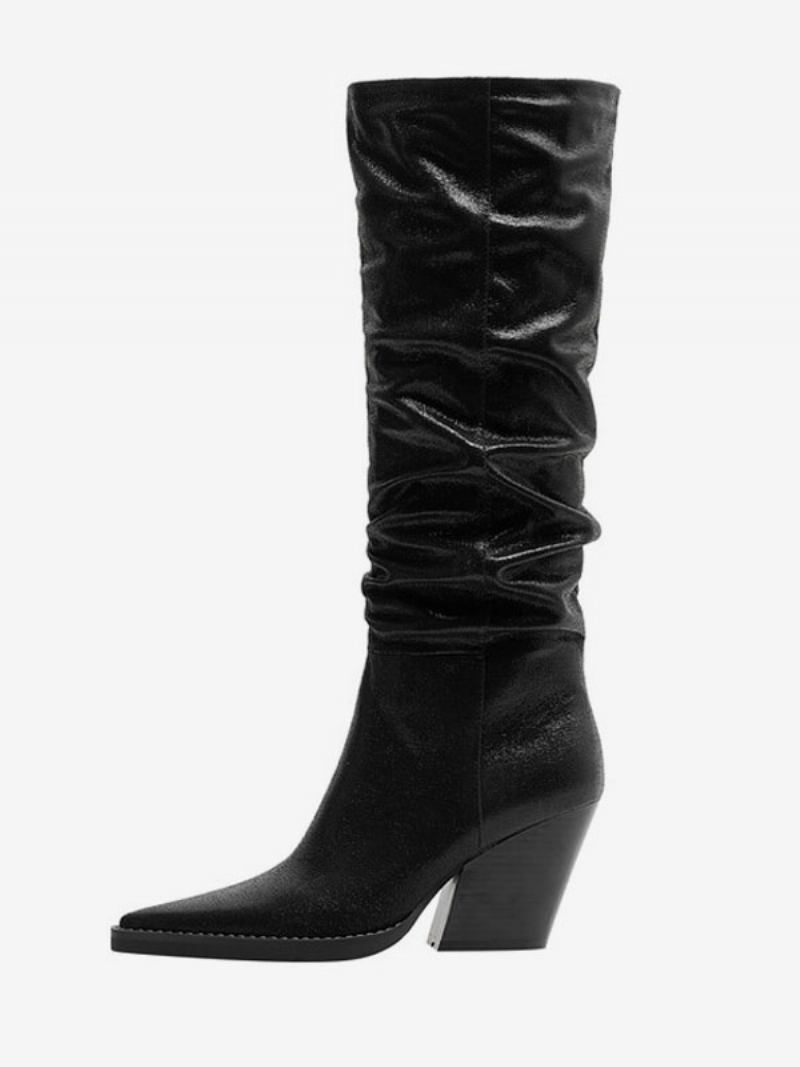 Botas Femininas Prateadas Ocidentais Metálicas Couro Pu Bico Fino Salto Bloco Cano Médio Desleixadas - Preto