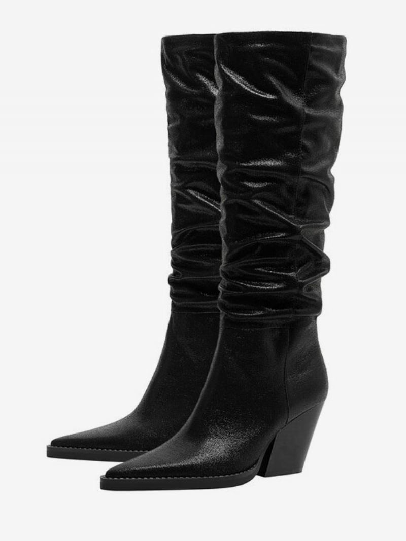 Botas Femininas Prateadas Ocidentais Metálicas Couro Pu Bico Fino Salto Bloco Cano Médio Desleixadas - Preto