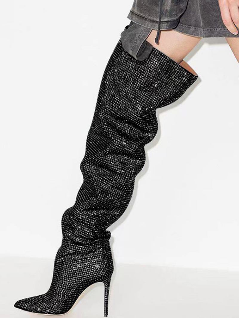 Botas Femininas Prateadas Sobre O Joelho Com Strass Bico Fino Na Coxa Altas Para Festa - Preto