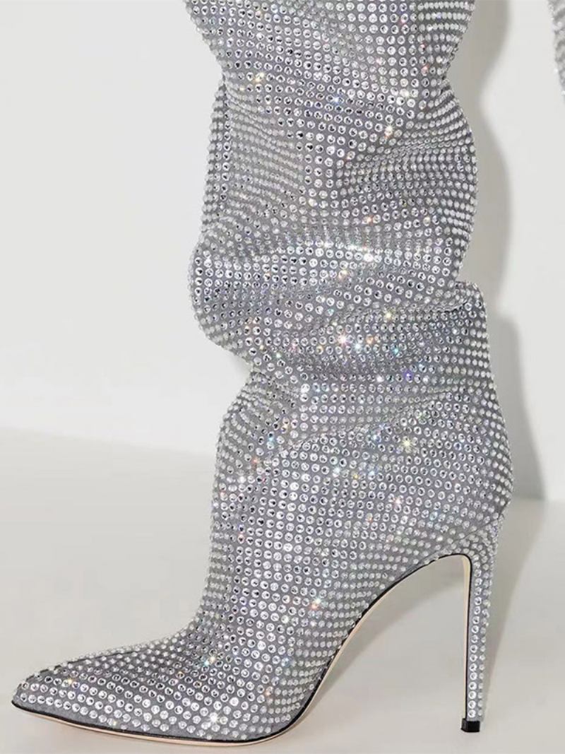 Botas Femininas Prateadas Sobre O Joelho Com Strass Bico Fino Na Coxa Altas Para Festa - Prata