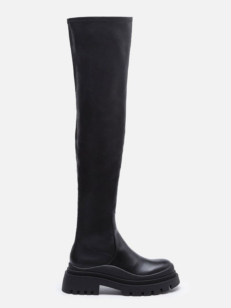 Botas Femininas Pretas Acima Do Joelho Com Forma Plana E Cano Alto - Preto