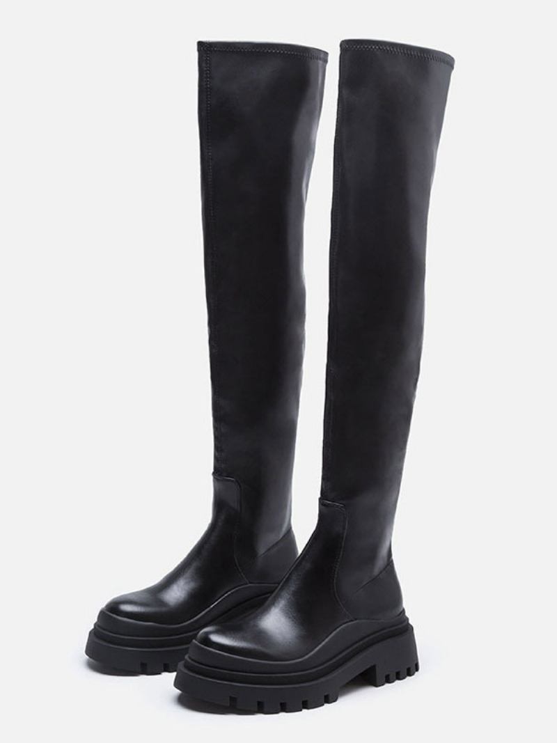 Botas Femininas Pretas Acima Do Joelho Com Forma Plana E Cano Alto - Preto