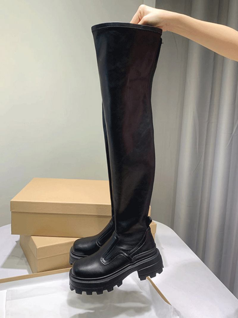 Botas Femininas Pretas Acima Do Joelho Com Plataforma Redonda E Salto Grosso Na Coxa