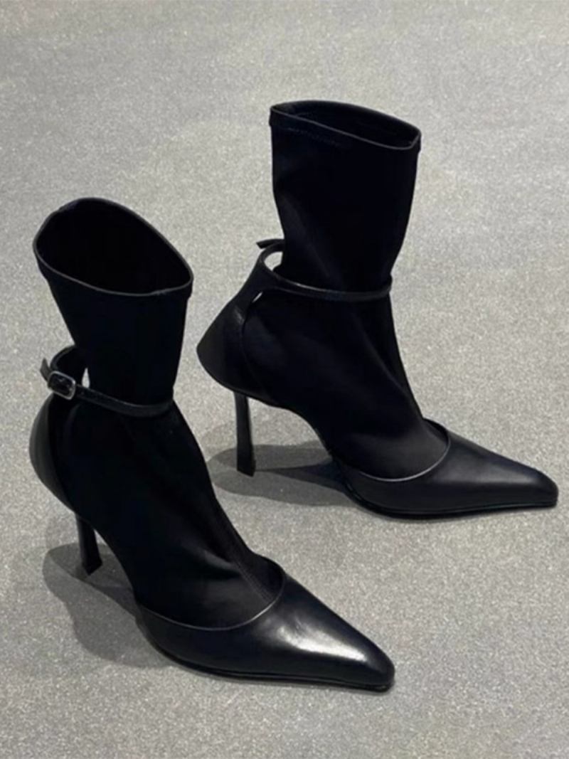 Botas Femininas Pretas Anlke Bico Fino Com Fivela E Salto Agulha - Preto